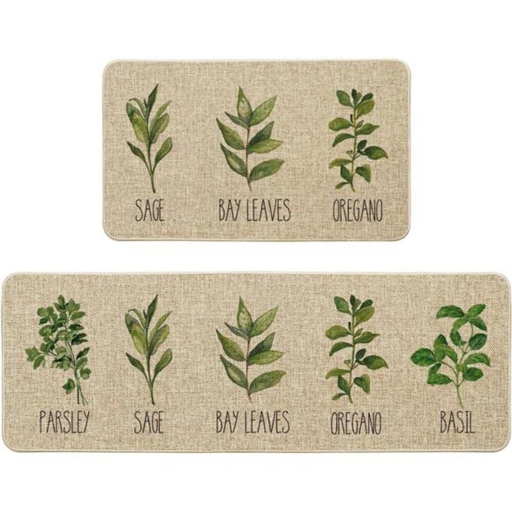 Mode Parsley Sage Oregano Basil Bay Leaves Decorative Kitchen Mats Set of 2